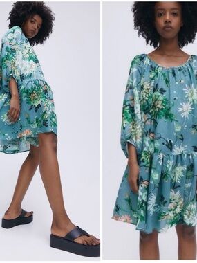 H&M NWT! Dress Womens Blue Floral Balloon Sleeve Flowy Artsy Peasant Romantic